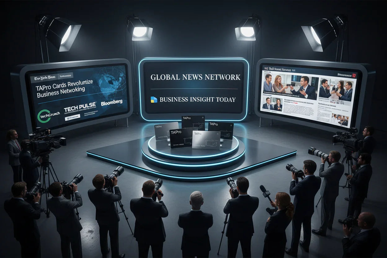 Business photographers capturing TAPro business networking cards on illuminated platform in news studio