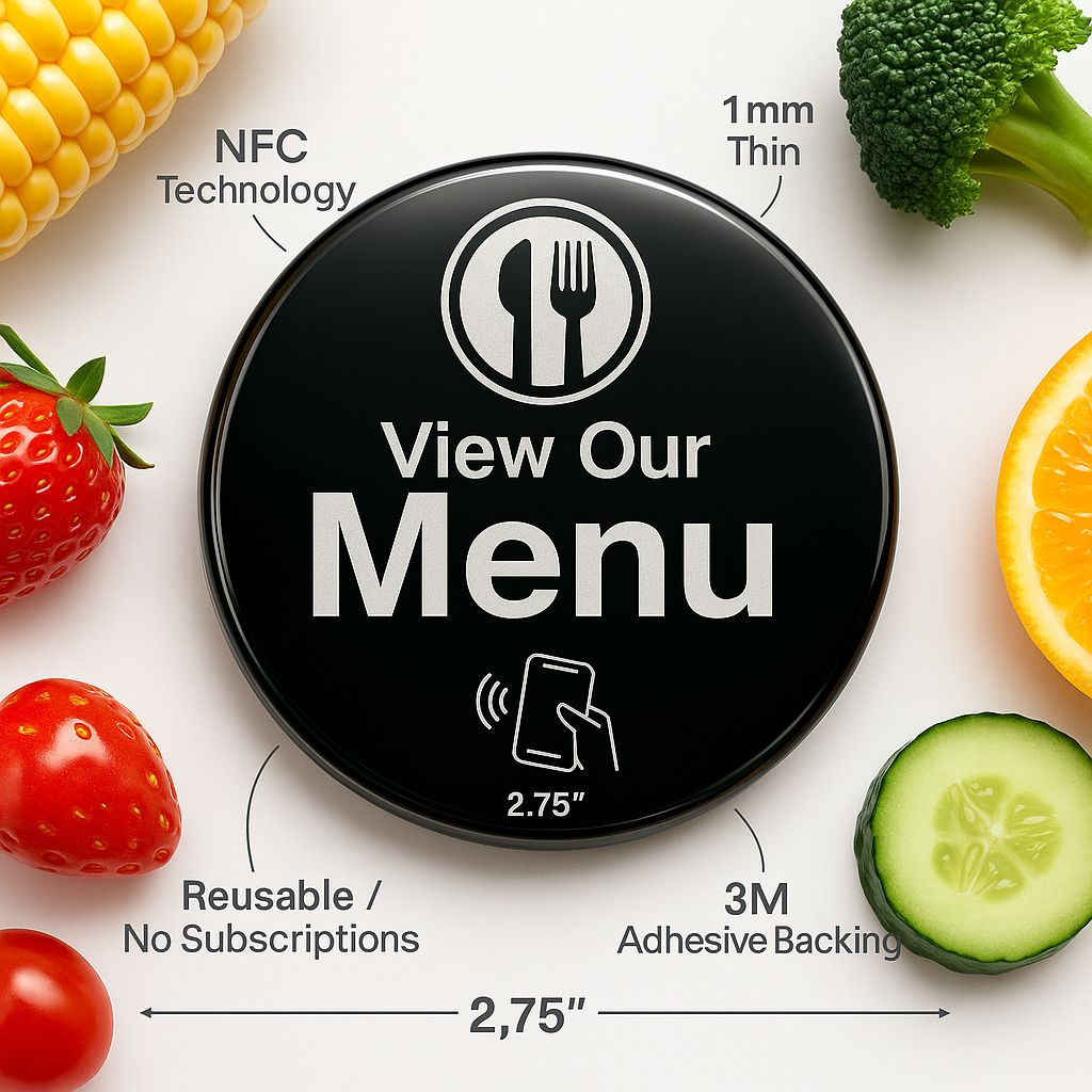Black 2.75” NFC menu button with 3M adhesive, tap-to-view for restaurants, boosts reviews & feedback via contactless tech