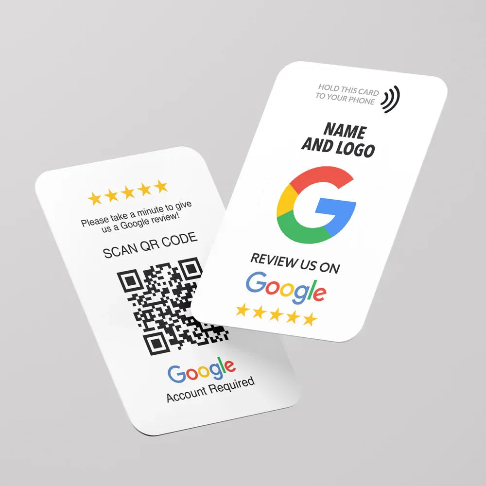 Two white business-sized cards for Google reviews with QR code, star ratings, and contactless logo
