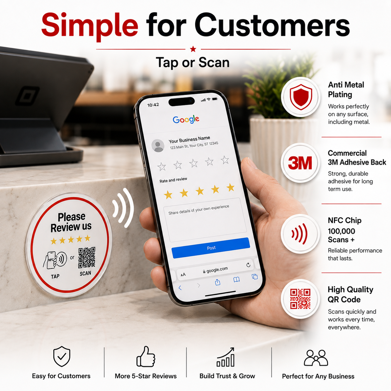 Three pack of TAPro round NFC Google review stickers with QR codes