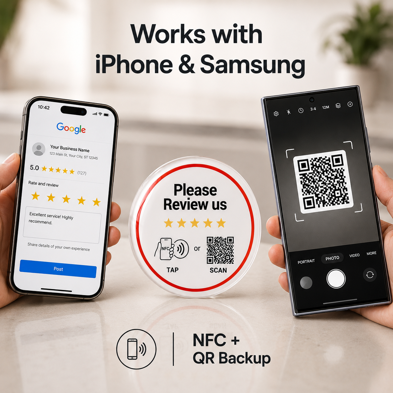 TAPro Google review NFC sticker beside smartphone showing Google review screen