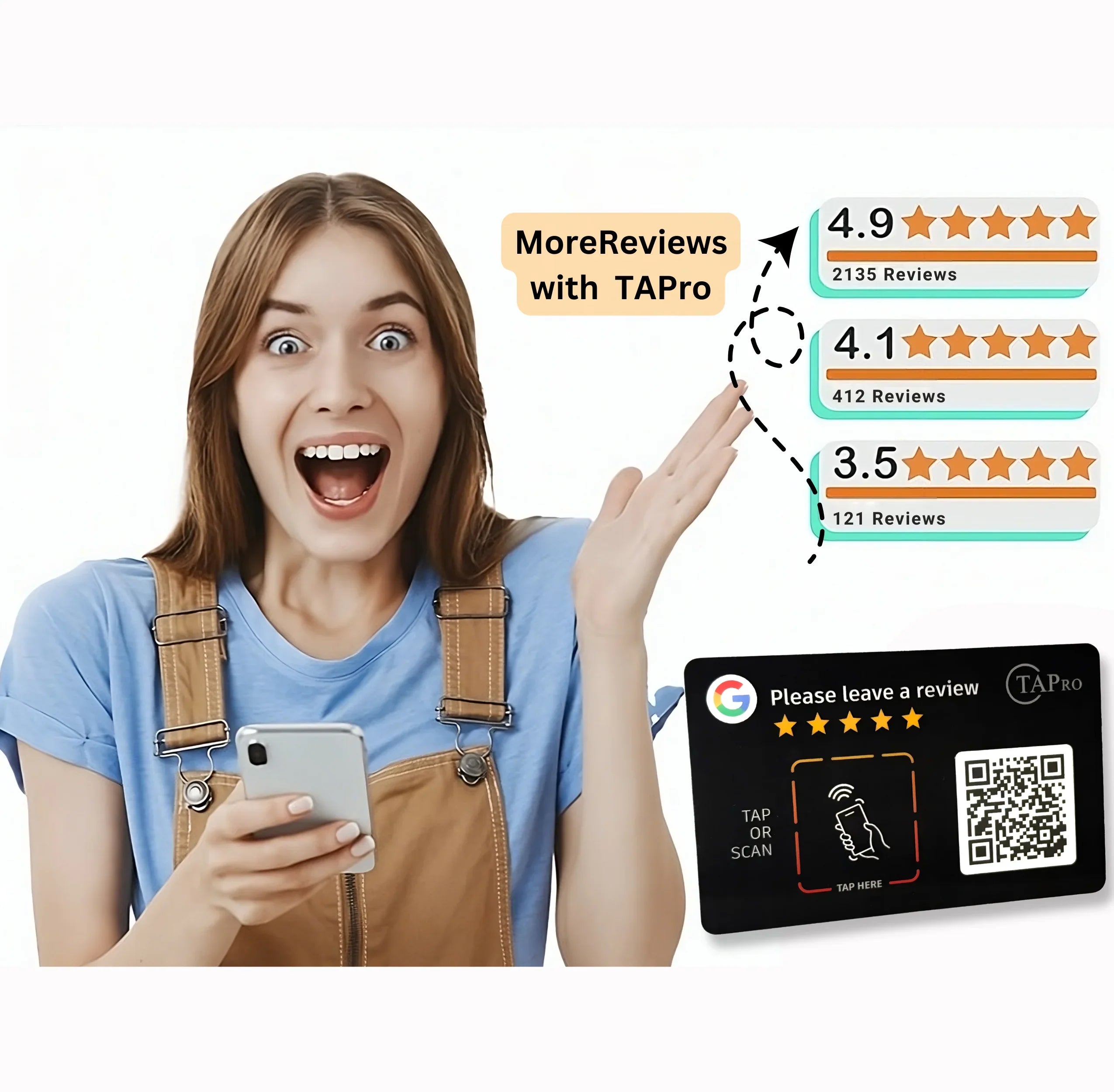 Excited woman holding phone with TAPRO Google review ratings and QR code for digital business card