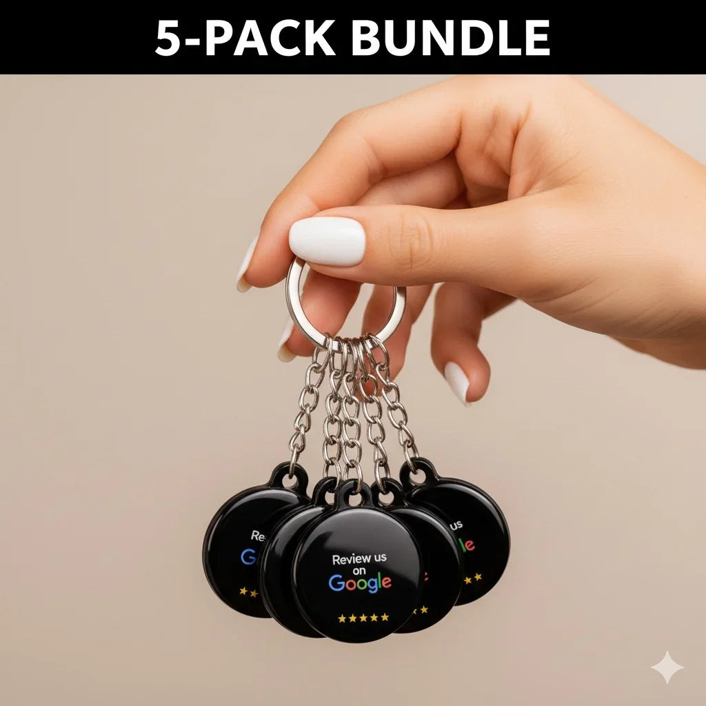 Hand holding a 5-pack bundle of black Google review keychains with NFC chip and five-star rating