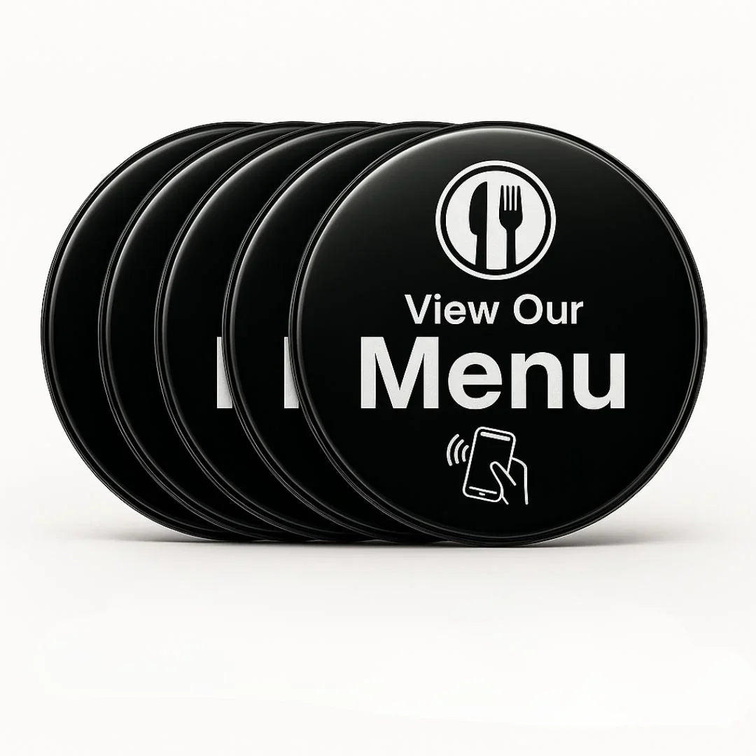 Black circular NFC menu buttons with white text and tap icon, for contactless dining and customer feedback collection