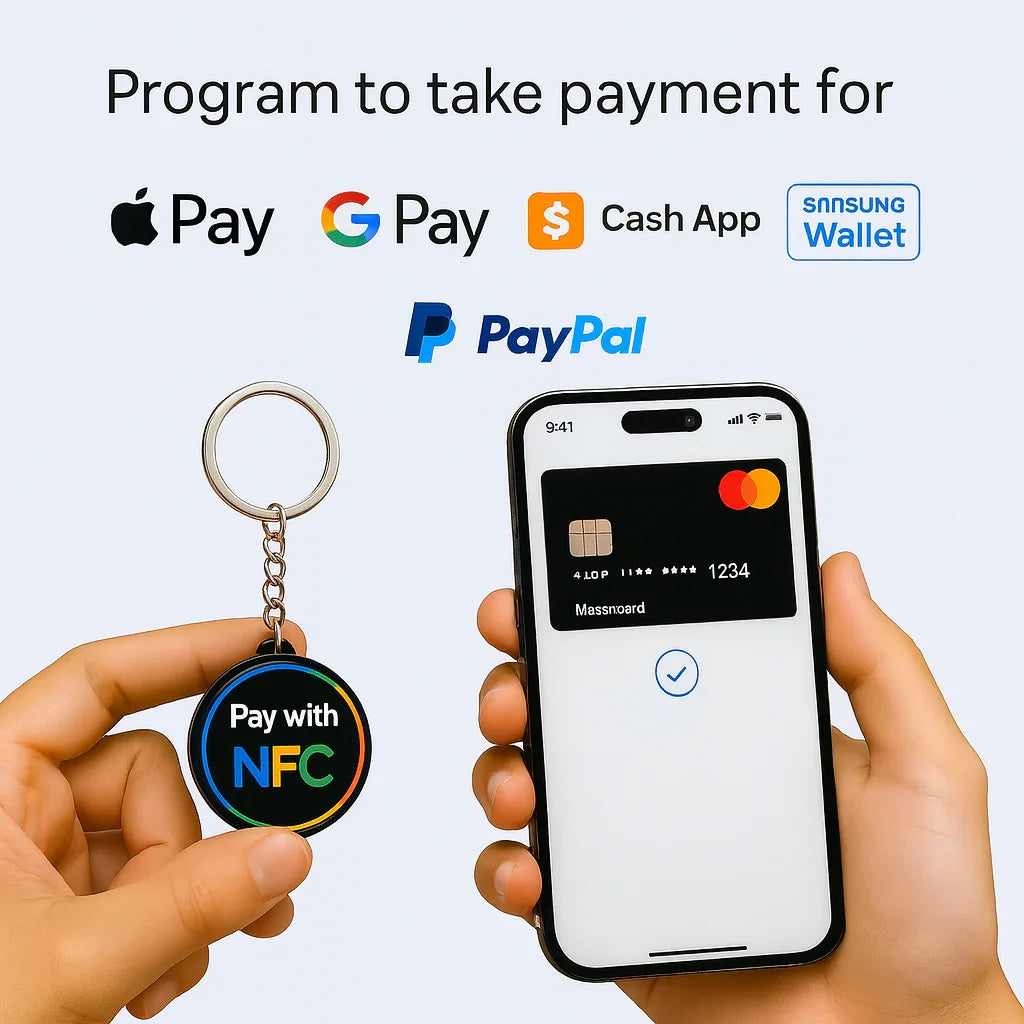 Hand holding phone with digital Mastercard and a keychain NFC payment tag, logos of Apple Pay, Google Pay, Cash App, Samsung Wallet, and PayPal