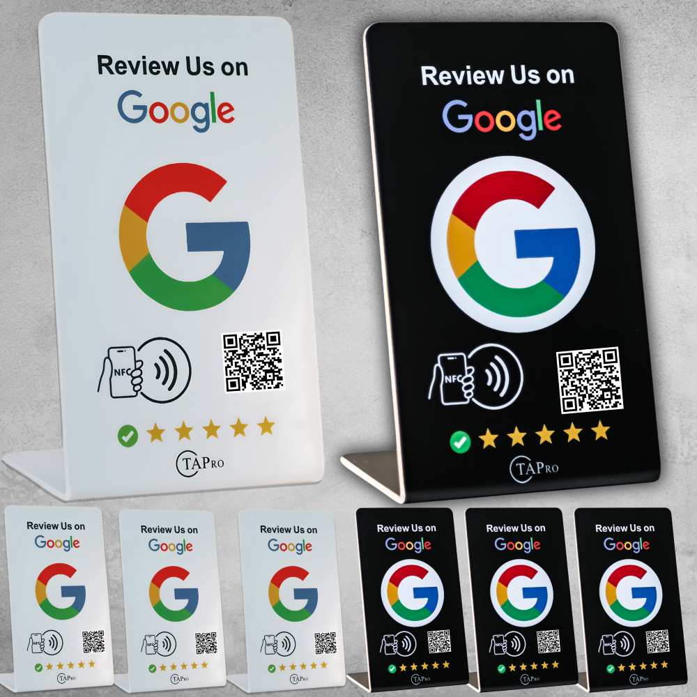 Black and white TAPro Google Review Stands with built-in NFC and QR for fast customer reviews.
