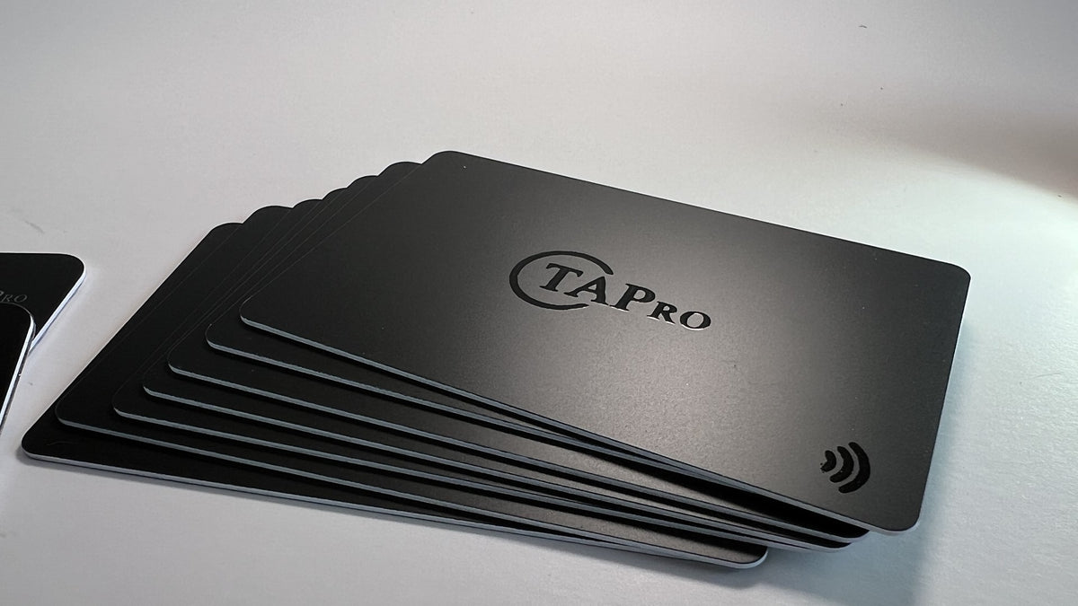 Black NFC review cards with TAPro logo and tap-to-review symbol for Google review collection