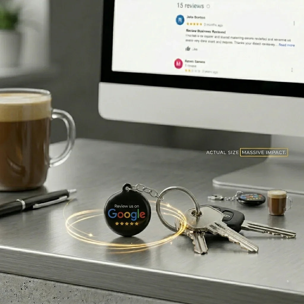 Premium black acrylic NFC Google review keychains for field service companies, lightweight compact review generation product with wireless tap technology