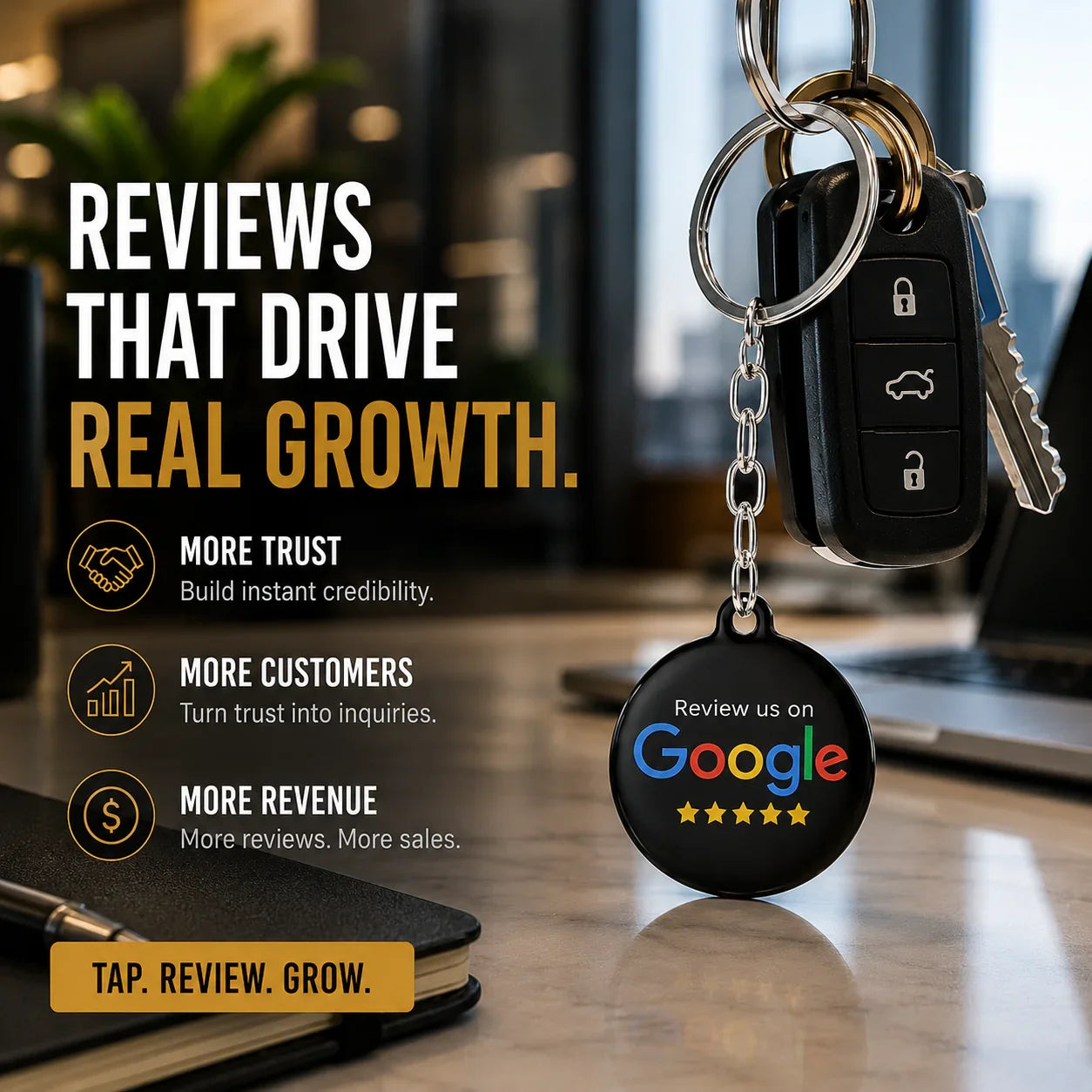 Contractor using premium black NFC Google review keychains to generate more 5-star reviews, realistic mobile reputation marketing product photography