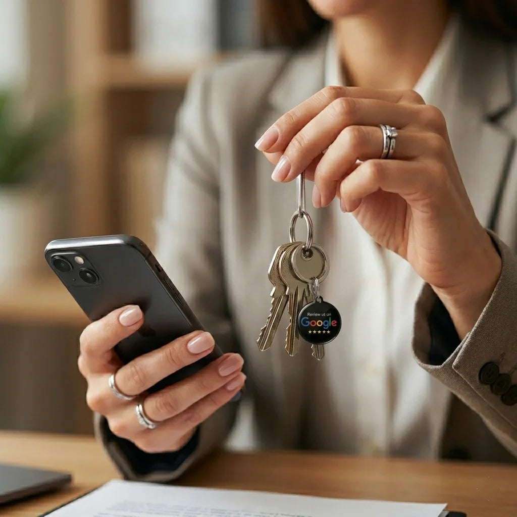 Modern contractor marketing image featuring TAPro NFC Google review keychains, realistic business growth technology for customer reputation management