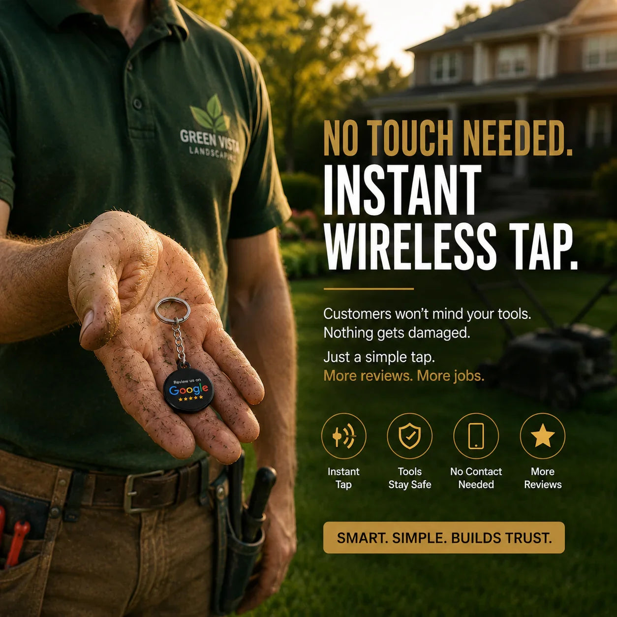 Professional handyman holding 7 NFC Google review keychains for employees, premium review collection solution for local service businesses and contractors