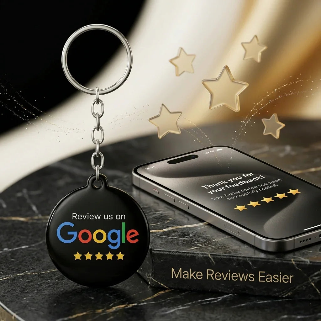 Contractor holding multiple TAPro NFC Google review keychains for team review generation, modern business reputation marketing tool with instant tap technology