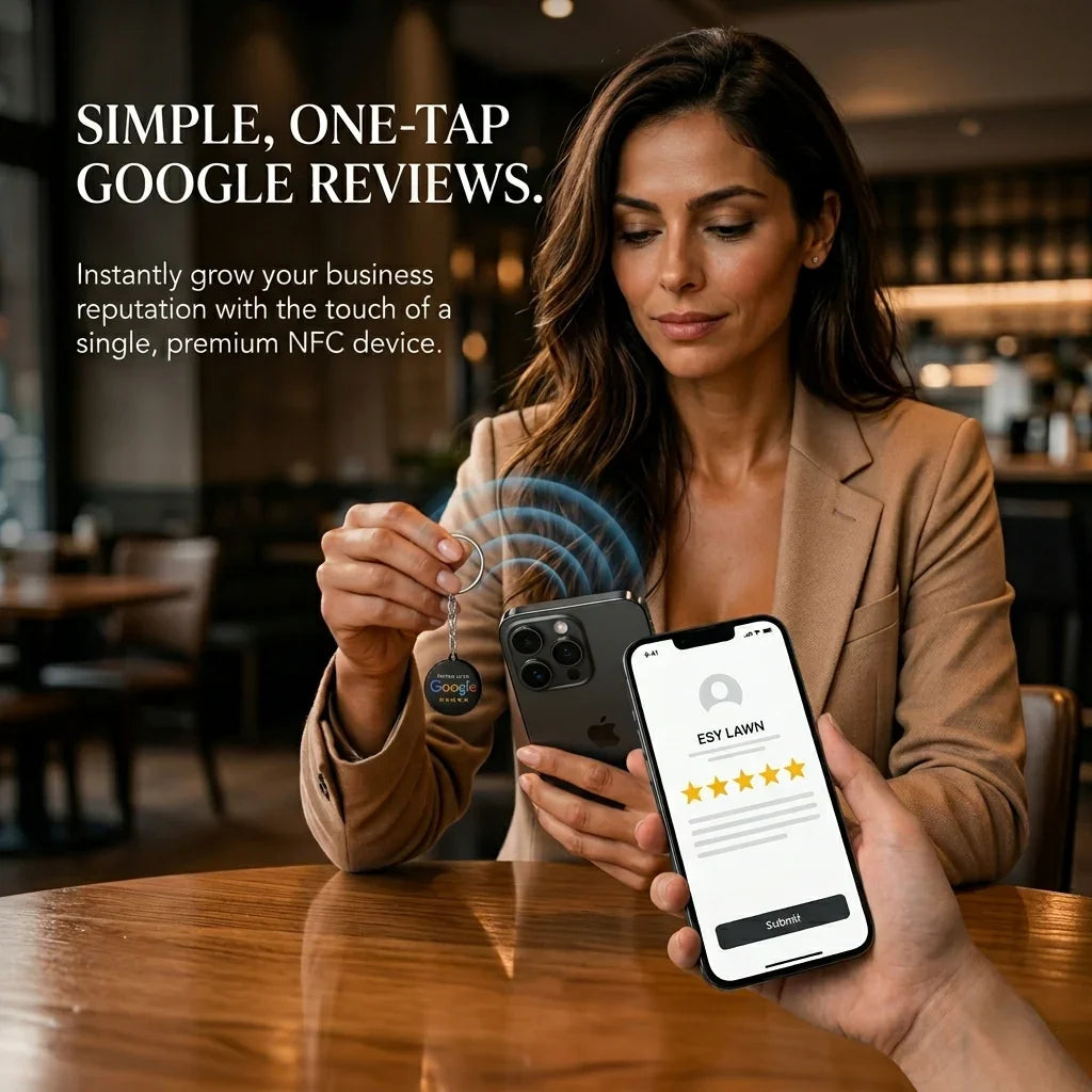 Premium NFC Google review keychains for contractors, HVAC technicians, plumbers, electricians and landscapers, instant wireless review collection technology