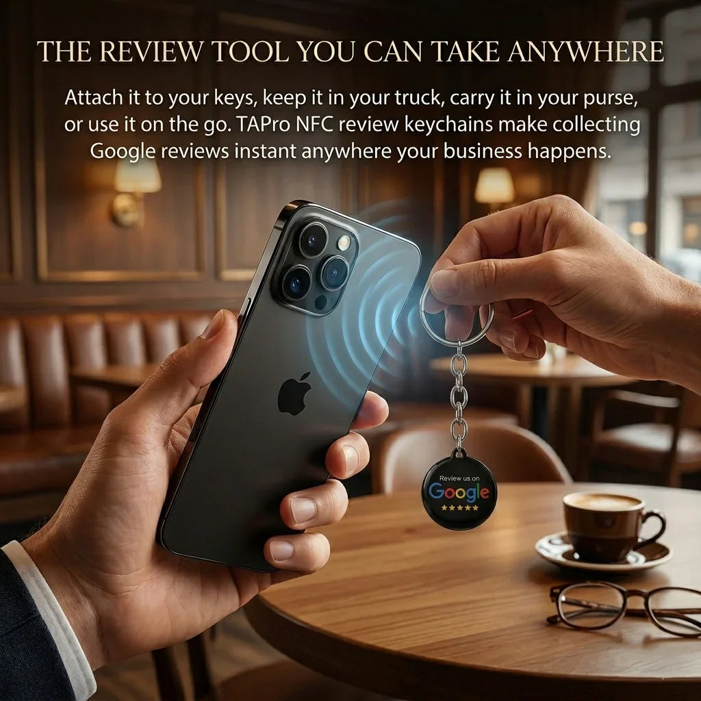 Professional service technician holding multiple TAPro NFC Google review keychains, scalable review generation system for growing local businesses