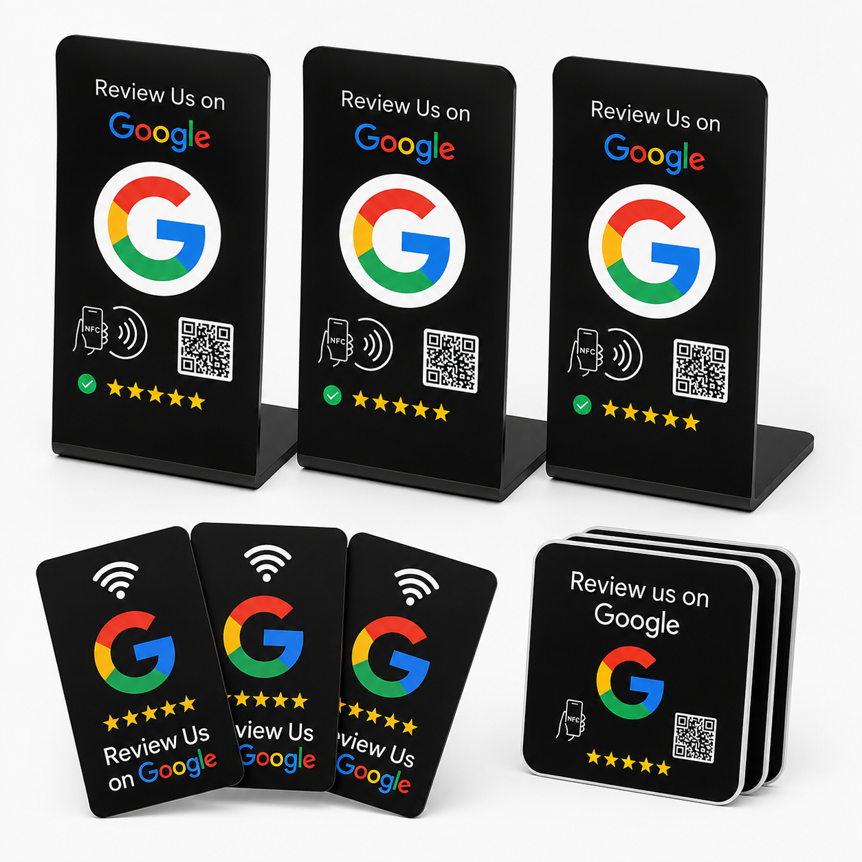 Google Review Starter Bundle | 3 NFC Stands, 3 Cards & 3 Stickers