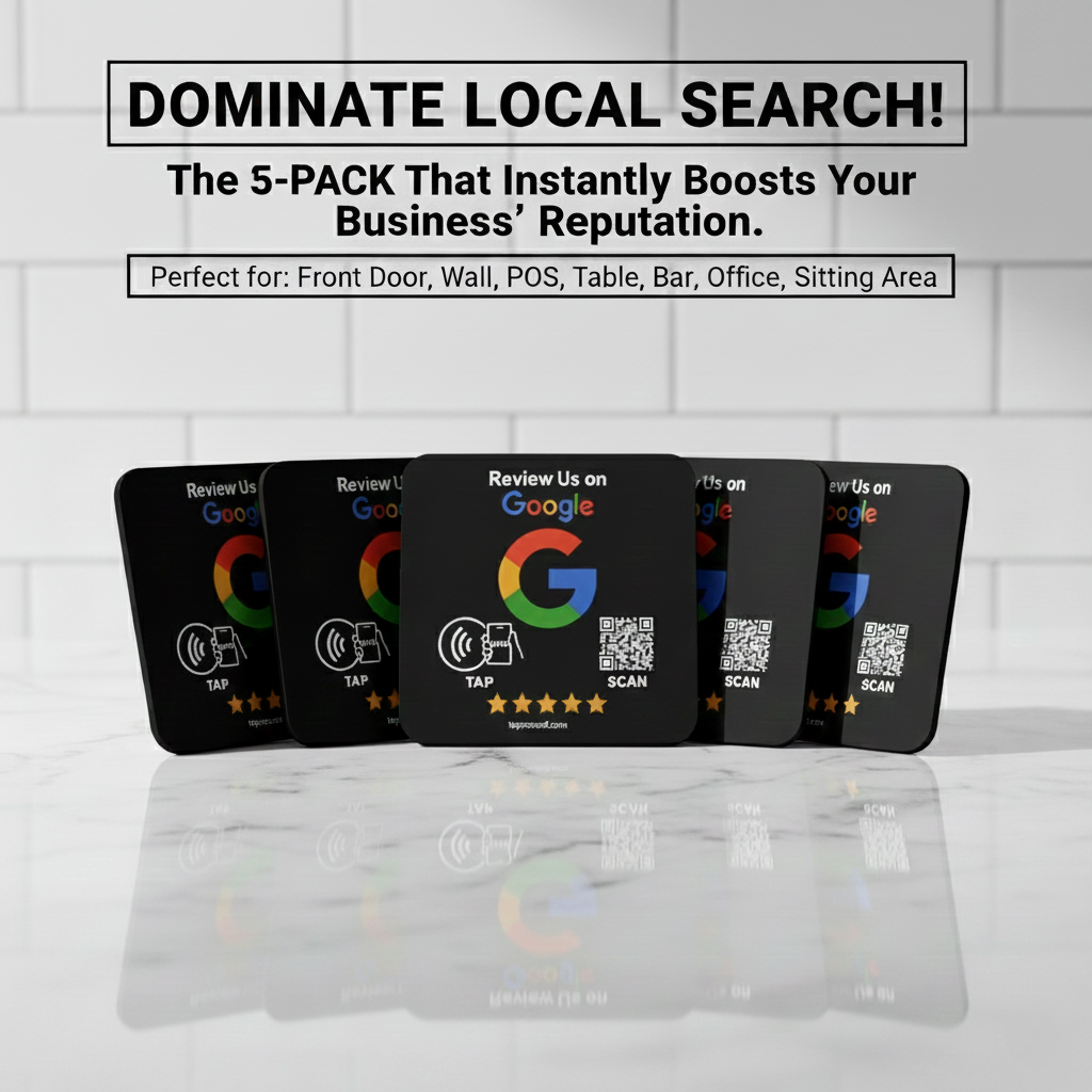 Black NFC review cards with Google logo, QR code, and tap icon for instant customer feedback at POS or front door