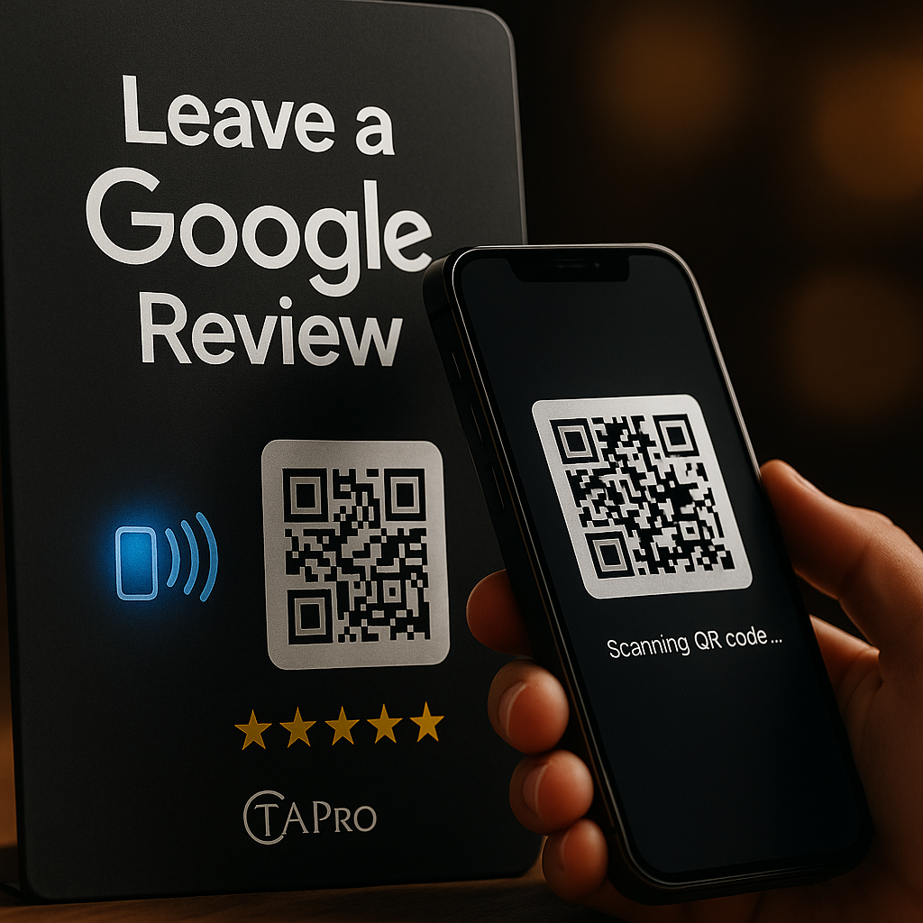 Black and white TAPro Google Review Stands with built-in NFC and QR for fast customer reviews.
