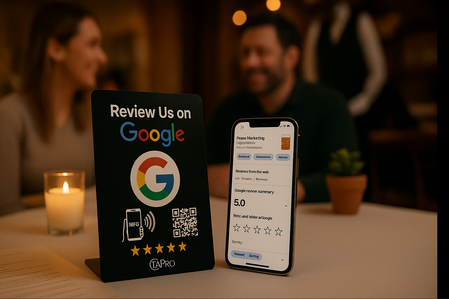 Black and white TAPro Google Review Stands with built-in NFC and QR for fast customer reviews.