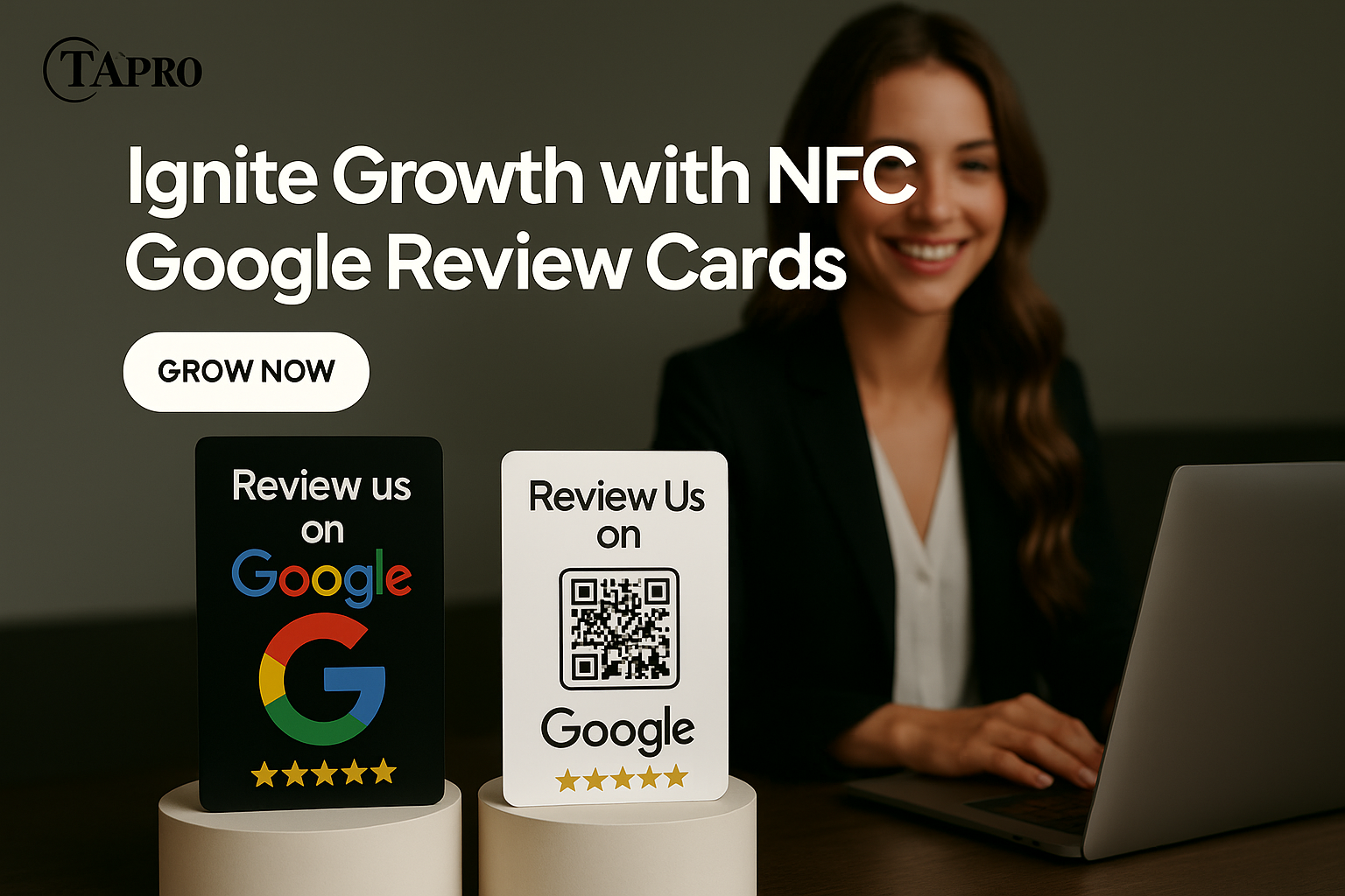 Black and white TAPro Google Review Stands with built-in NFC and QR for fast customer reviews.