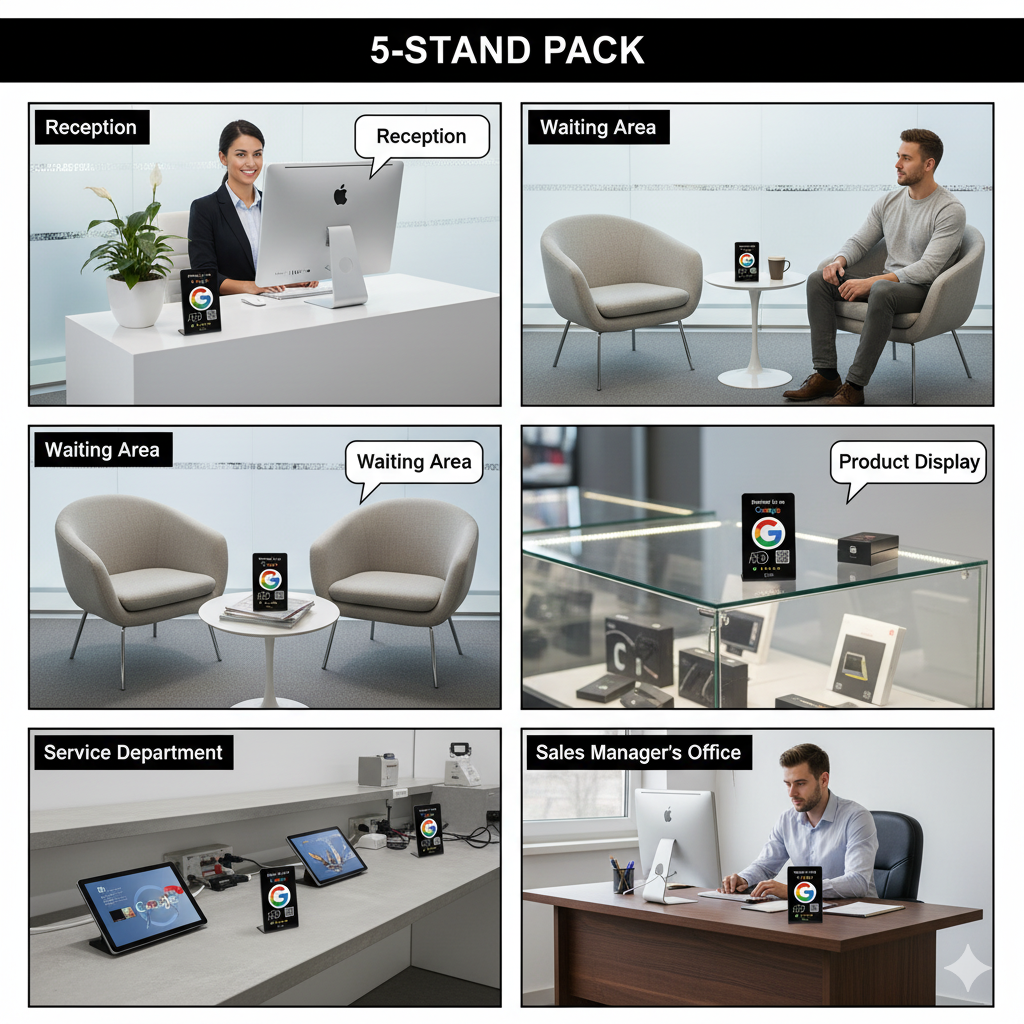 Black and white TAPro Google Review Stands with built-in NFC and QR for fast customer reviews.