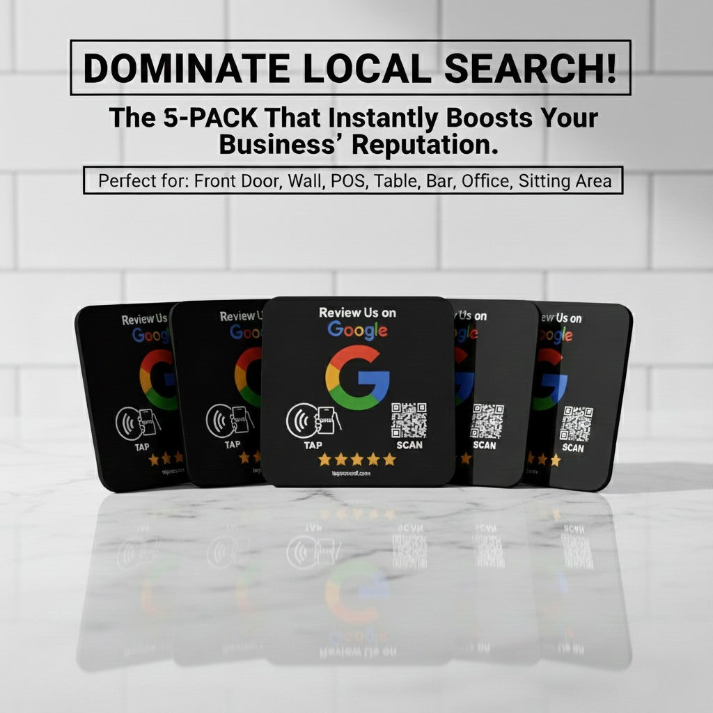Google Review Sign – 4x4 Inch Black Plaque, NFC & QR Code, Tap to Collect 5-Star Reviews Instantly, Countertop Display | TAPr