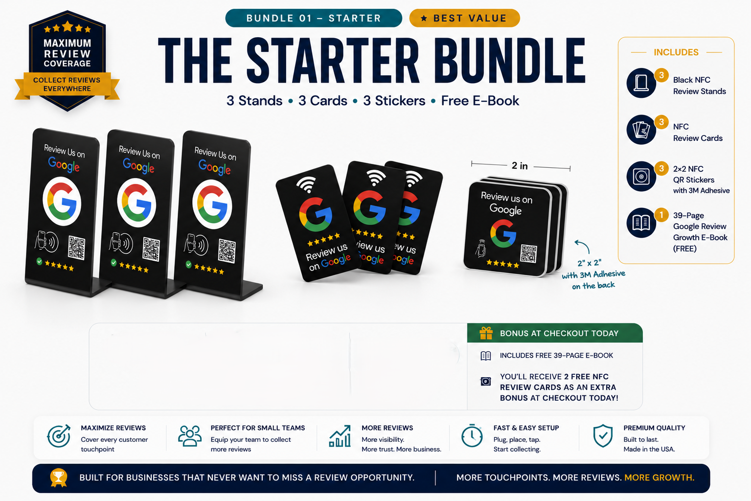 Set of black Google review stands with QR codes, stars, and colorful Google logos on white background