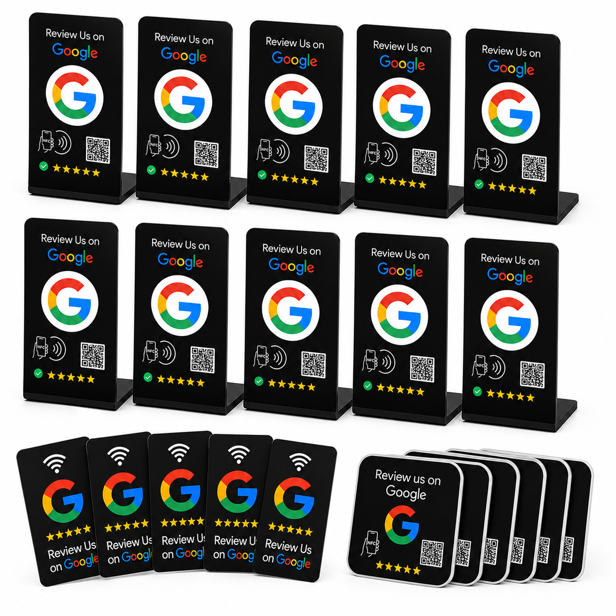 Google Review Dominator Bundle – 10 NFC Review Stands, 5 Cards & 5 Stickers