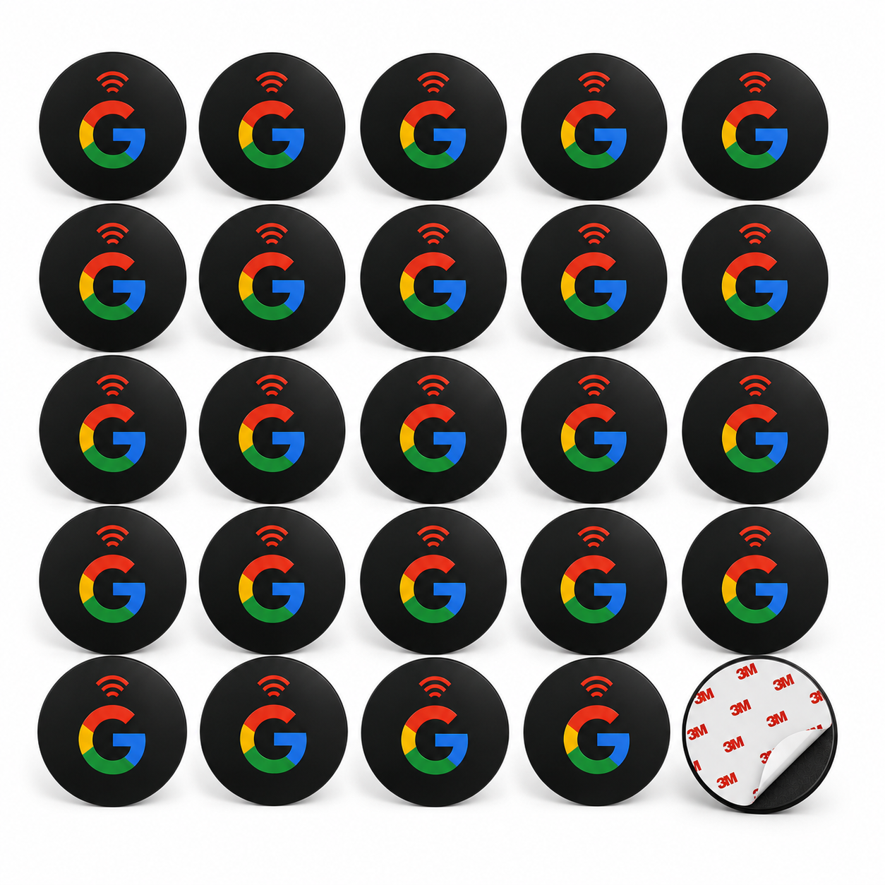 Black circular NFC review stickers with Google 'G' logo and Wi-Fi symbol, featuring 3M adhesive for easy placement to collect customer feedback via tap or QR scan.