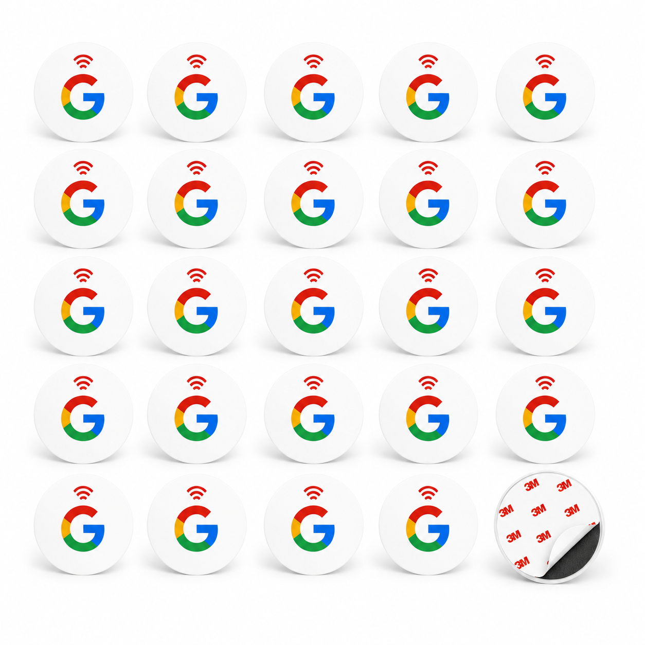 White circular NFC review stickers with Google 'G' logo and Wi-Fi symbol, featuring 3M adhesive back for easy placement to collect customer feedback via tap-to-review.
