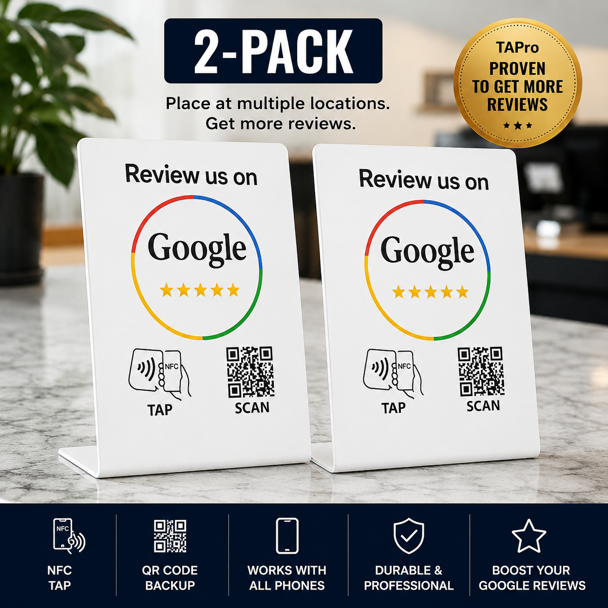 2 NFC Google Review Stands (2-Pack) - QR Code Tabletop Display