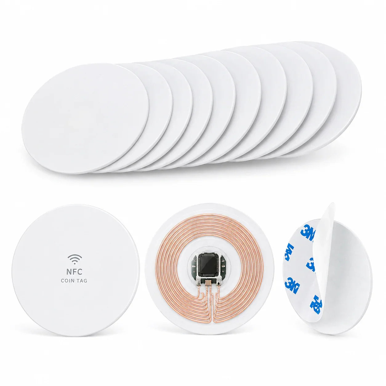 White circular NFC coin tags with copper coil, 3M adhesive backing, for contactless Google reviews and customer feedback collection