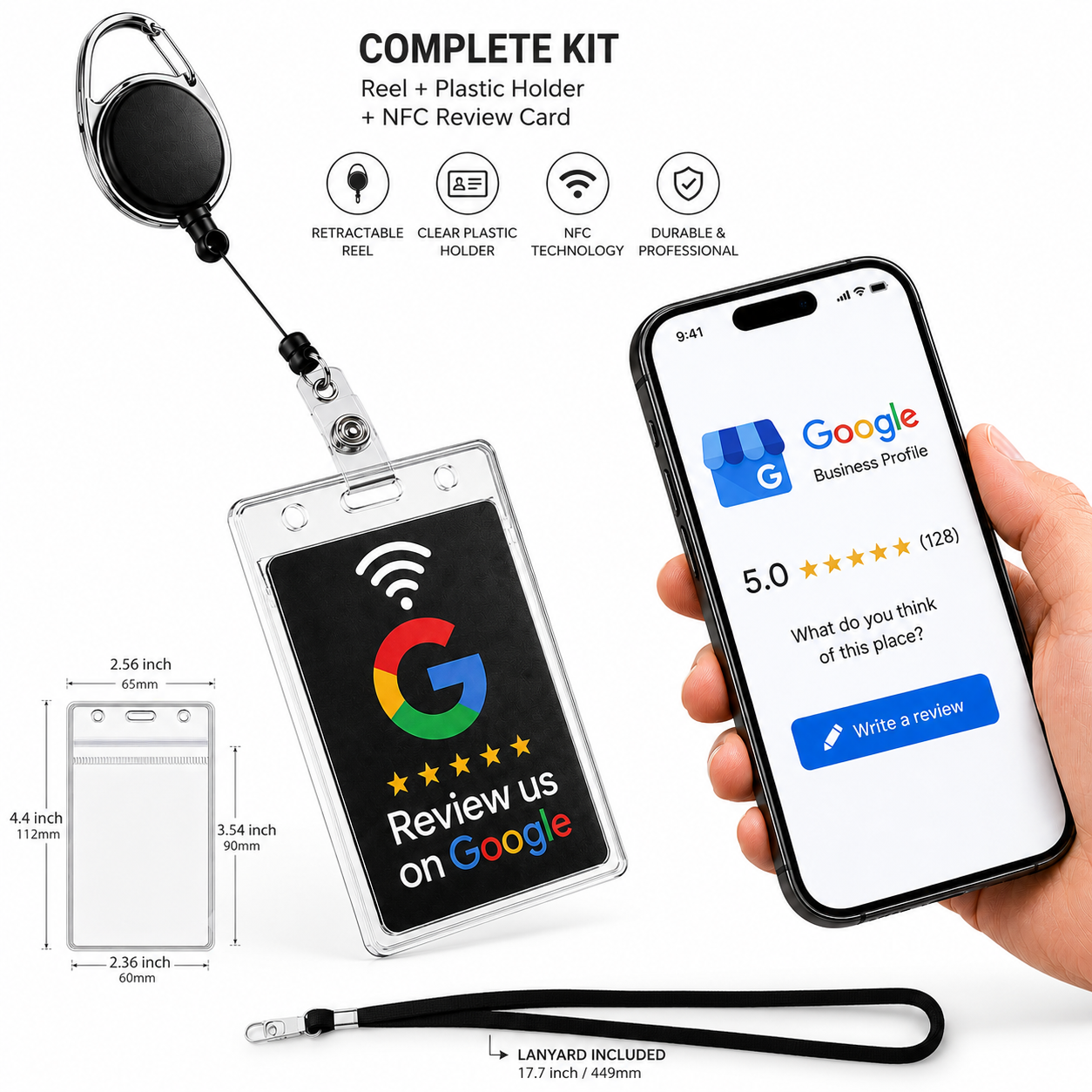 Retractable Badge Reel Kit with Carabiner & TAPro NFC Review Card