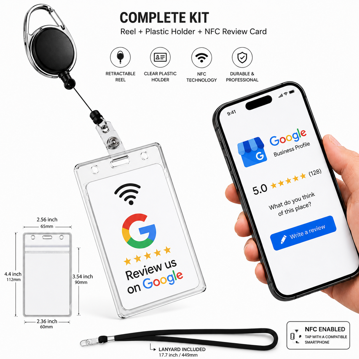 Retractable Badge Reel Kit with Carabiner & TAPro NFC Review Card