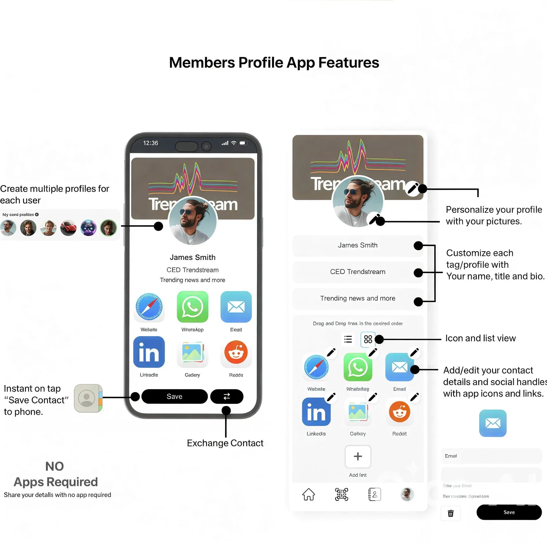 Smartphone displaying digital business profile with contact icons, customizable tags, and instant save feature for NFC or QR sharing—no app needed.