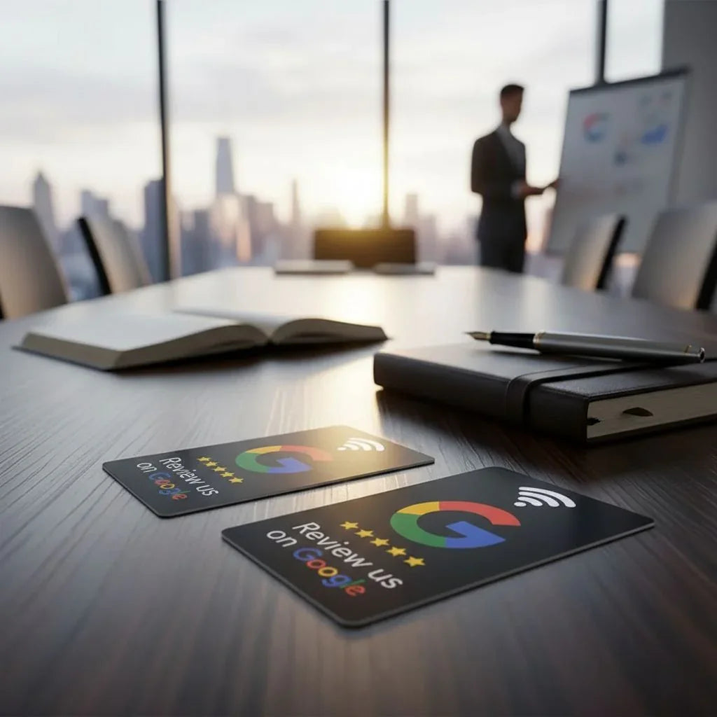 Black NFC review cards with Google logo and QR code on office table, for instant customer feedback and reputation growth.