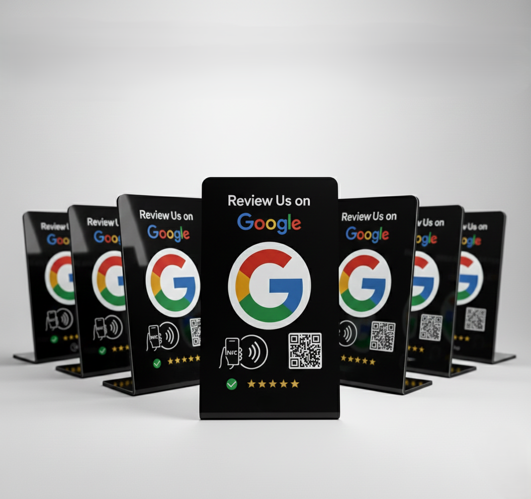 A set of black acrylic Google review signs arranged in a row on a light gray studio background, with the center sign fully visible and the signs behind it partially obscured.