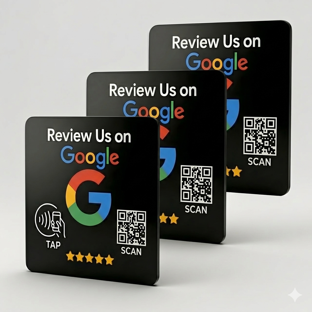 Google Review Starter Bundle | 3 NFC Stands, 3 Cards & 3 Stickers