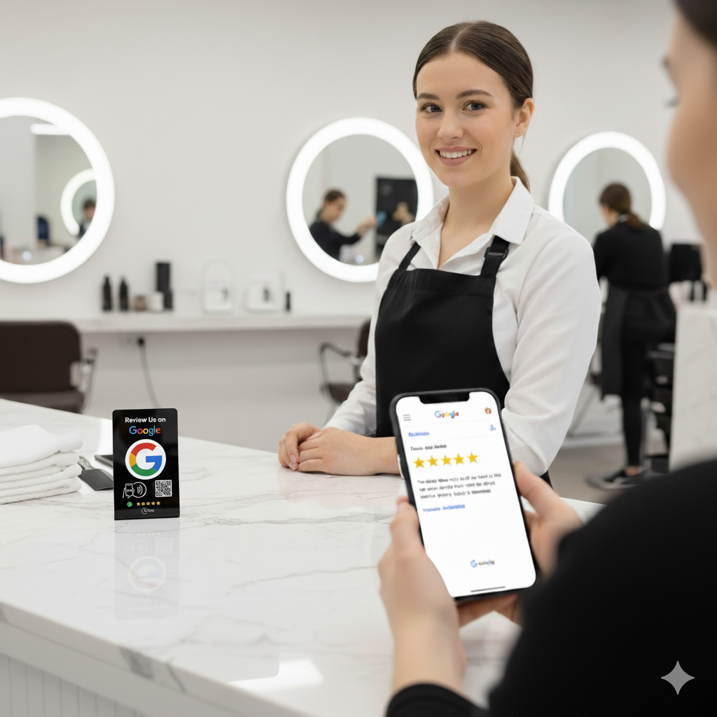Black and white TAPro Google Review Stands with built-in NFC and QR for fast customer reviews.