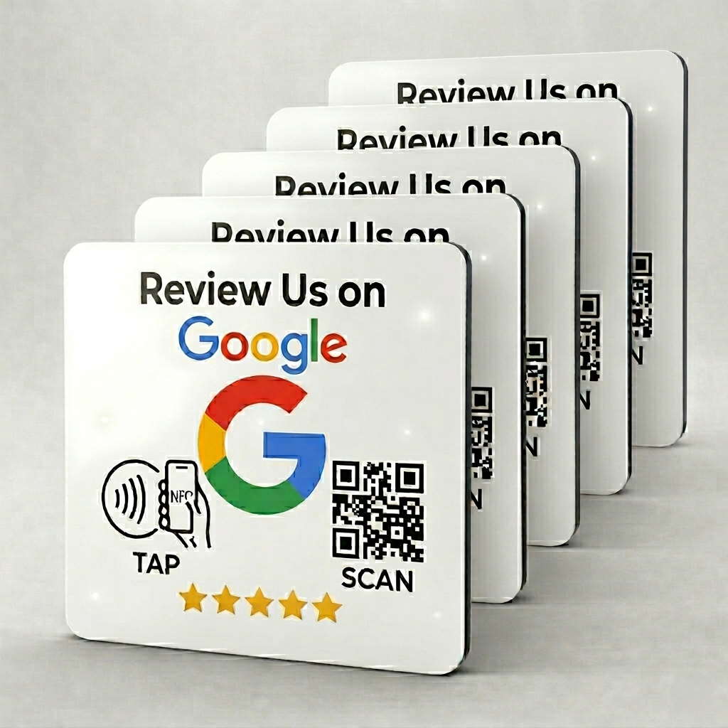 White NFC review cards with Google logo, QR code, tap icon, and 5 stars for customer feedback collection and reputation management.