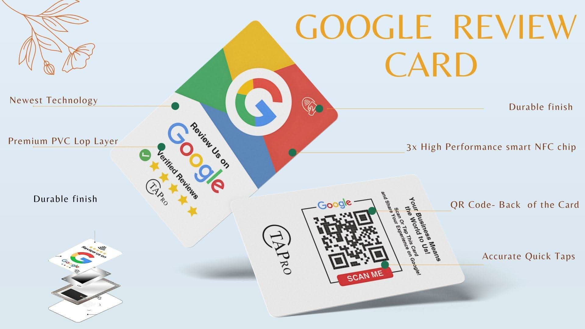 Review Us on Google Card All Phones Compatible - Reusable Tap NFC & QR - Tapro