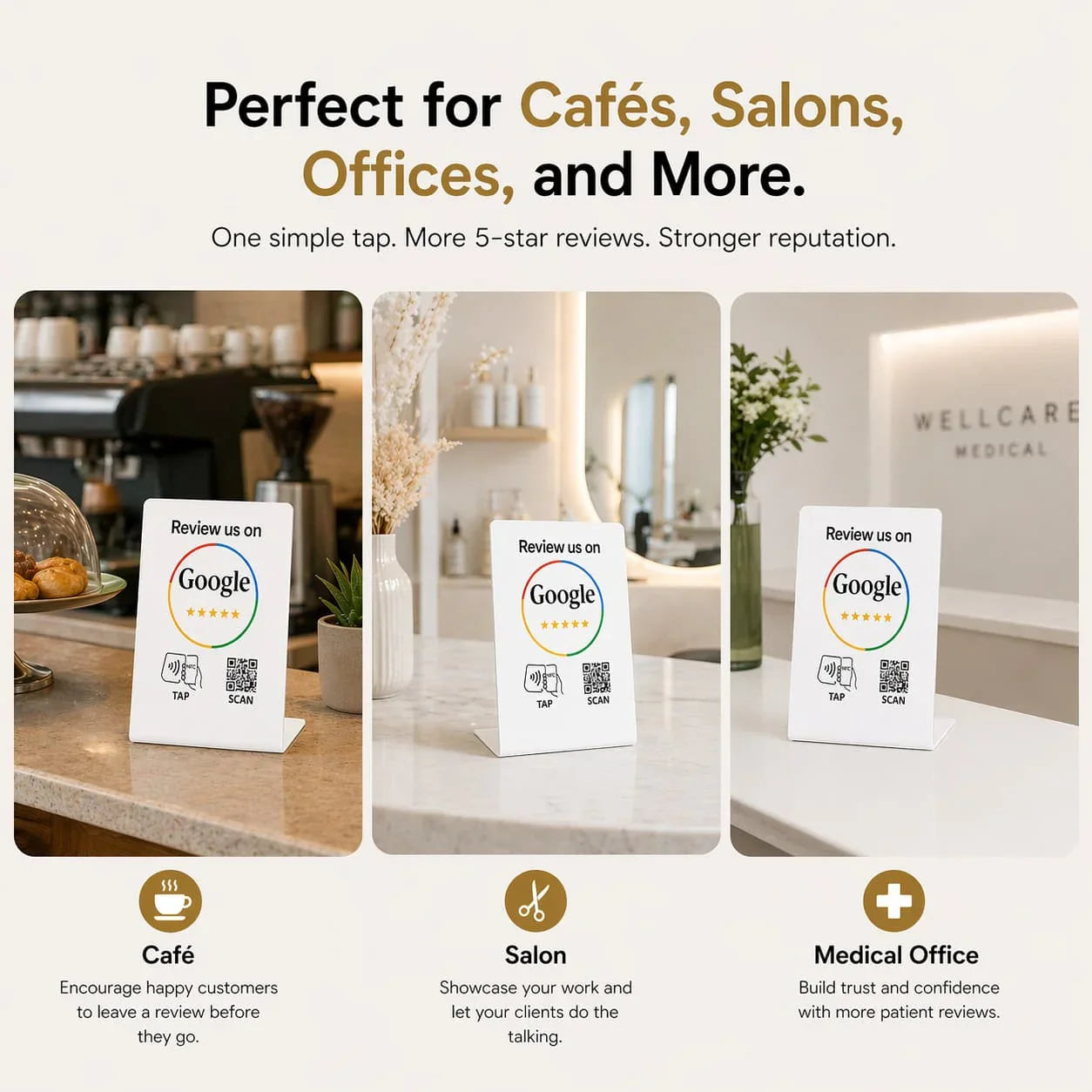 White Google review display stand with NFC tap feature and QR code scan option