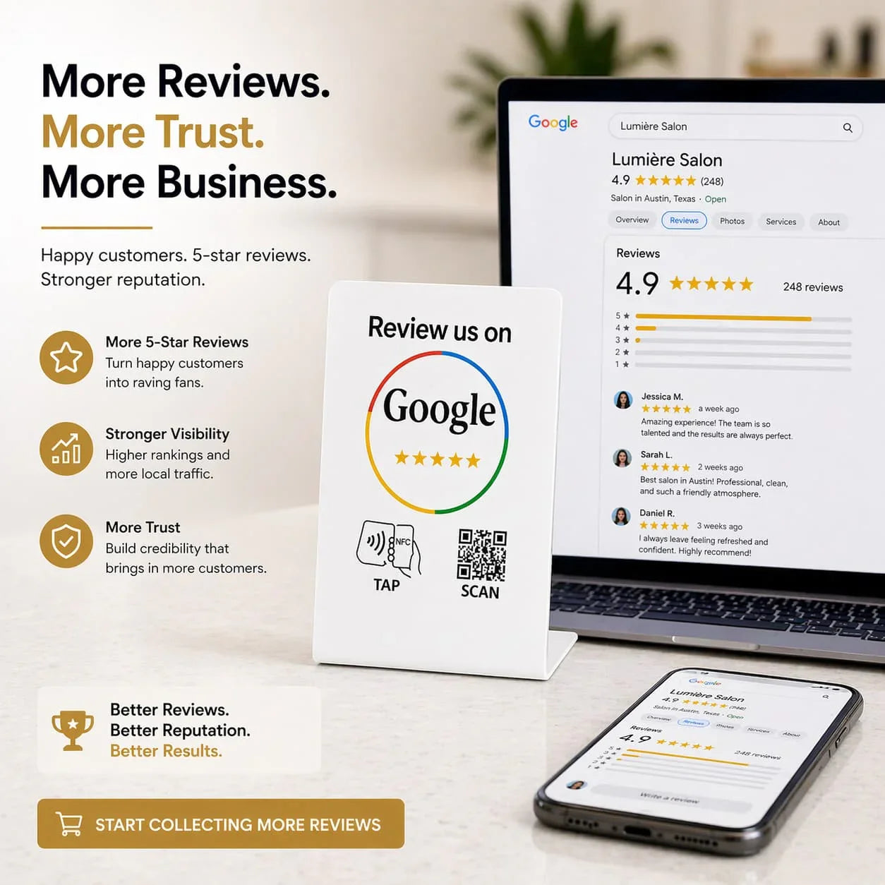 White Google review stand with NFC tap and QR code for instant customer feedback