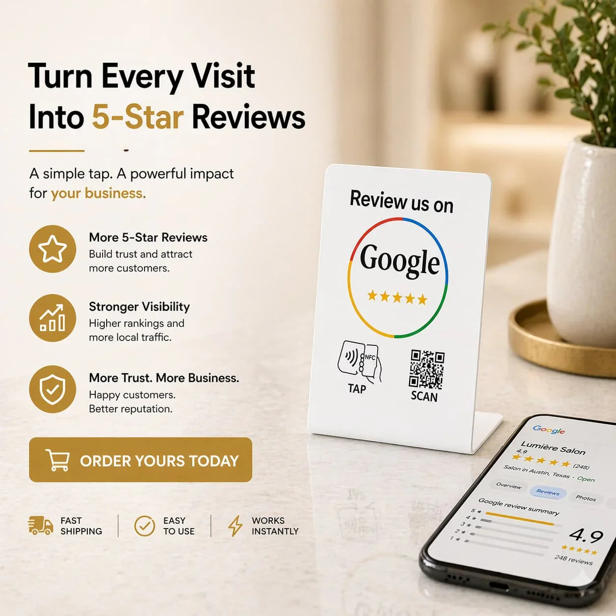 Business Google review stand white NFC card with QR code for 5 star reviews