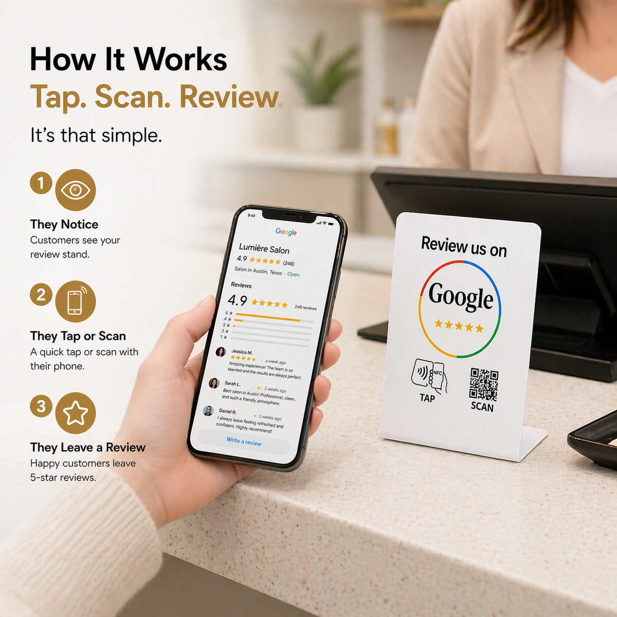 TAPro NFC Google review stand with QR code for easy customer review collection