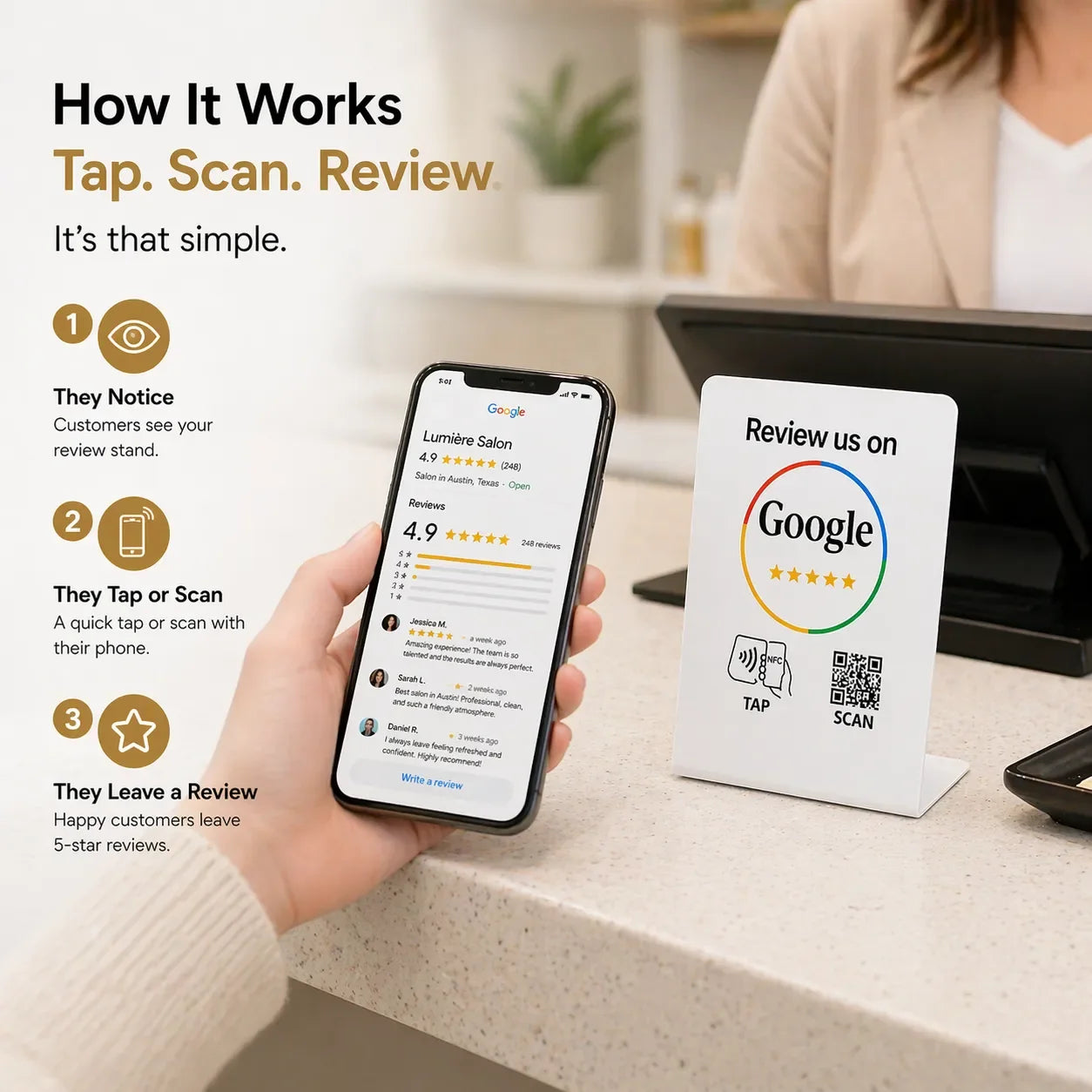 White NFC Google review stand with QR code for collecting customer reviews