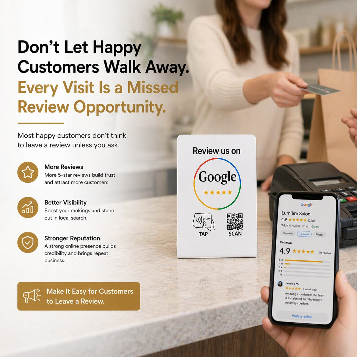 TAPro NFC Google review stand for local business reputation management and review generation
