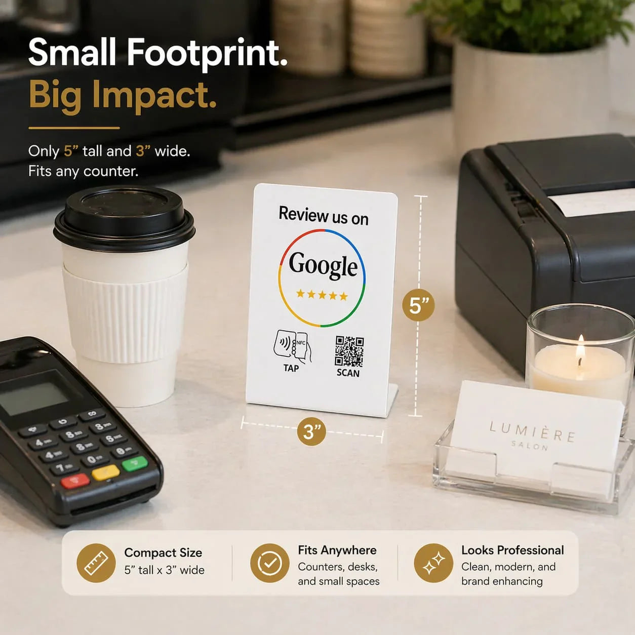 Tap to review system white stand with Google review QR code and NFC technology