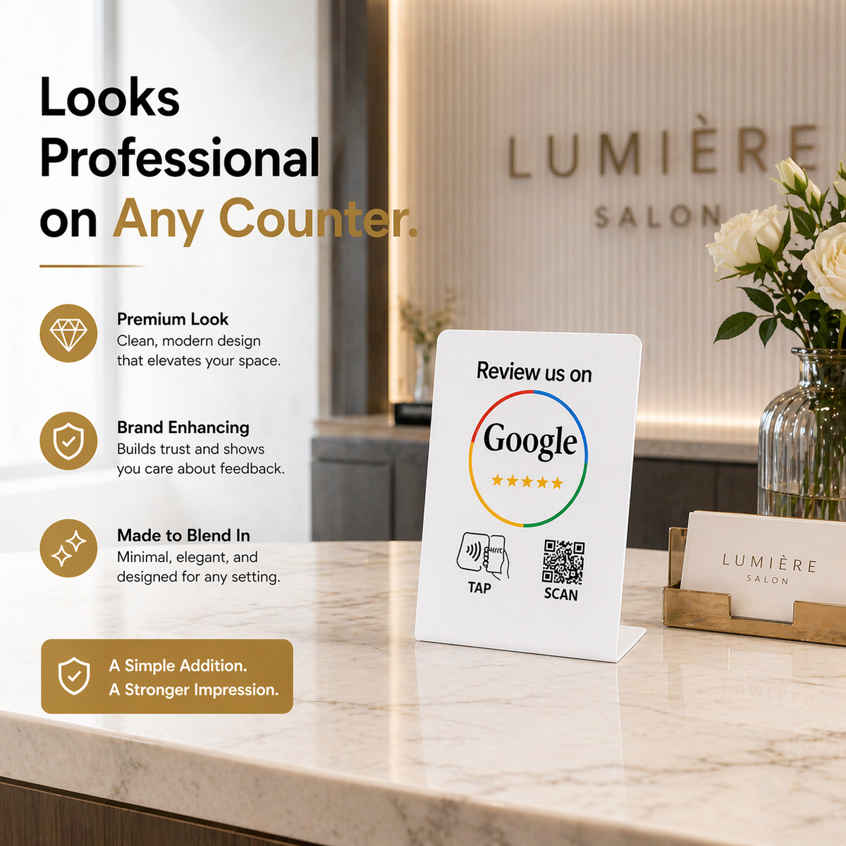 TAPro NFC Google review stand with QR code for easy customer review collection on a salon counter