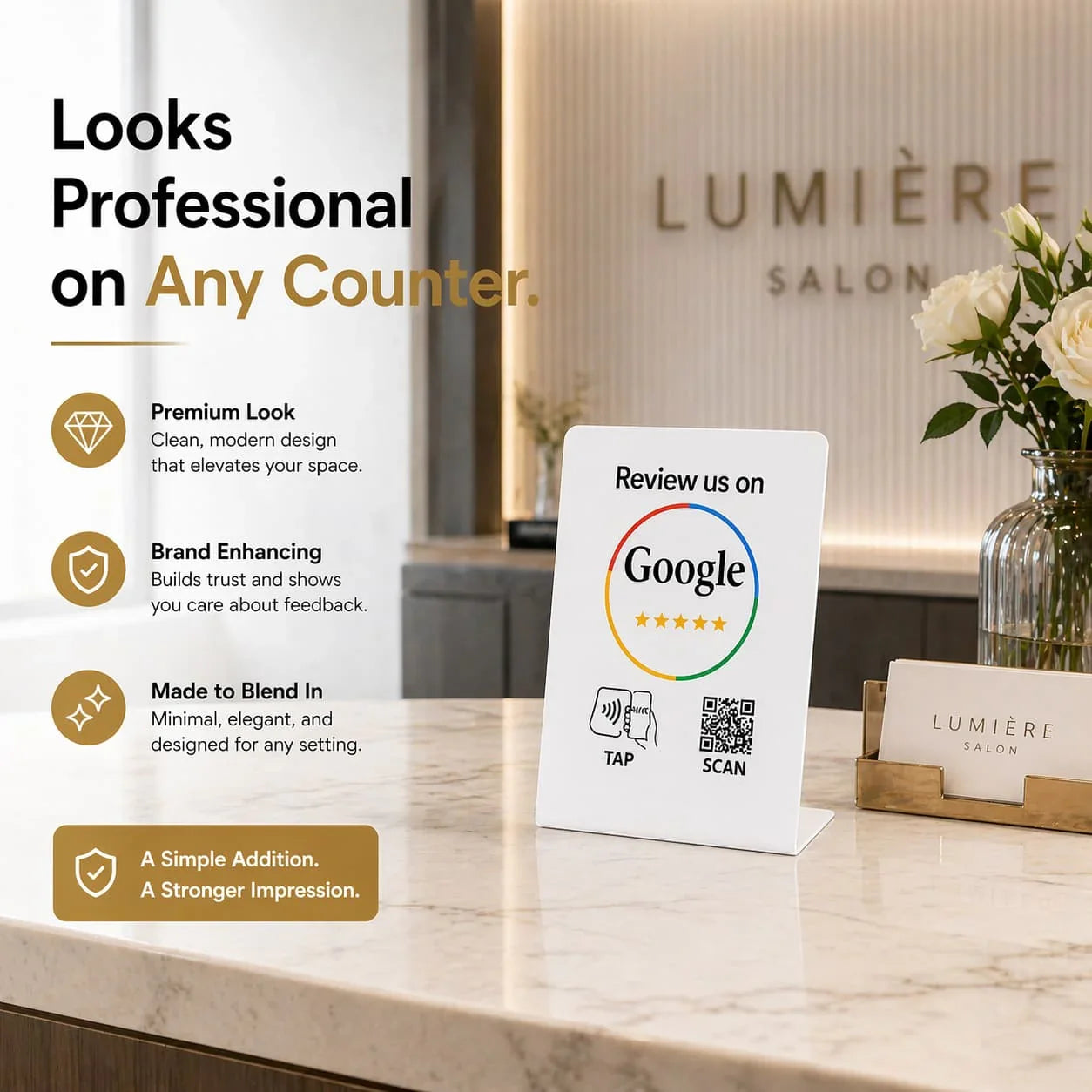 NFC Google review stand white design with QR code for restaurants and businesses