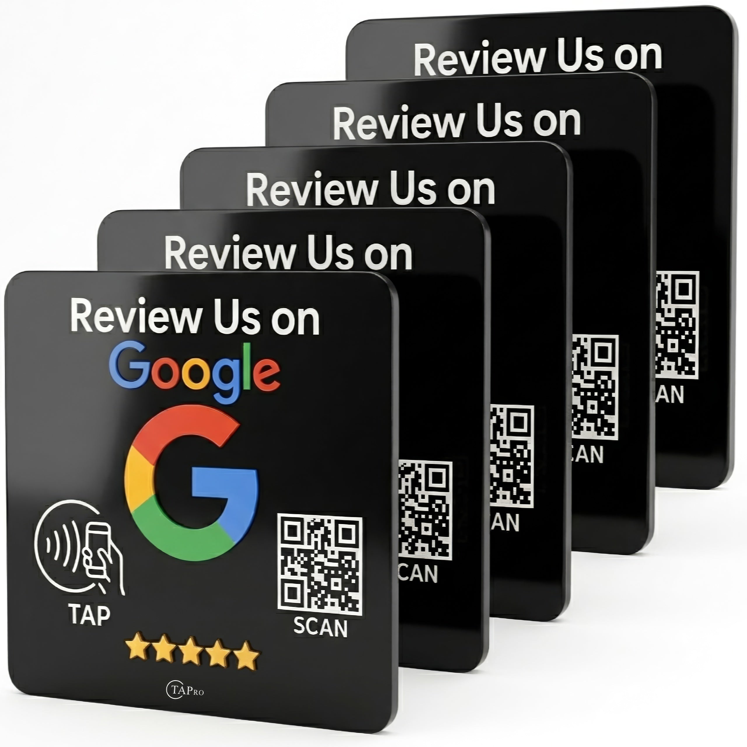 Black NFC review cards with Google logo, QR code, tap icon, and 5 stars for customer feedback collection and reputation growth